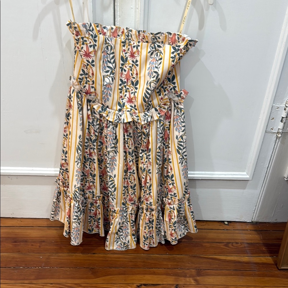 Agua Bendita Yellow & Cream Floral Stripe Ruffle Mini Dress